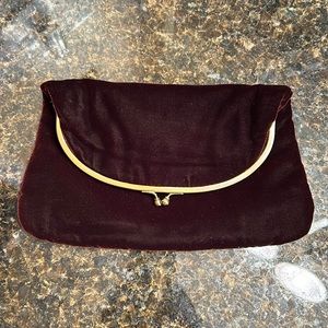 Vintage Dark Brown Velvet Folding Clutch Bag with Gold Tone Clasp and Hinge
